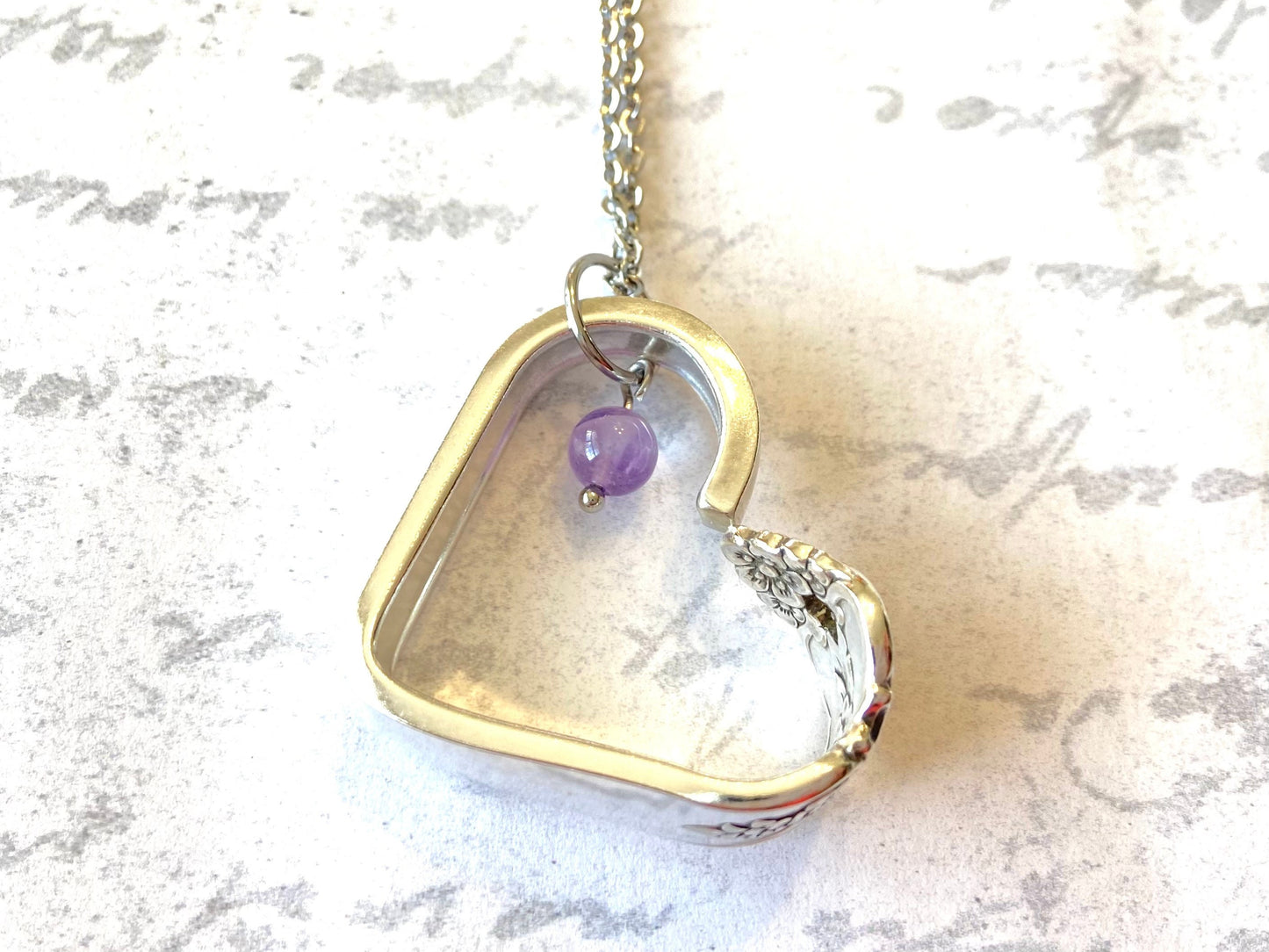 Heart Silverware Necklace, Vintage 1951 Distinction Spoon Jewelry, Valentine’s Day Gift, Purple Stone Embellishment