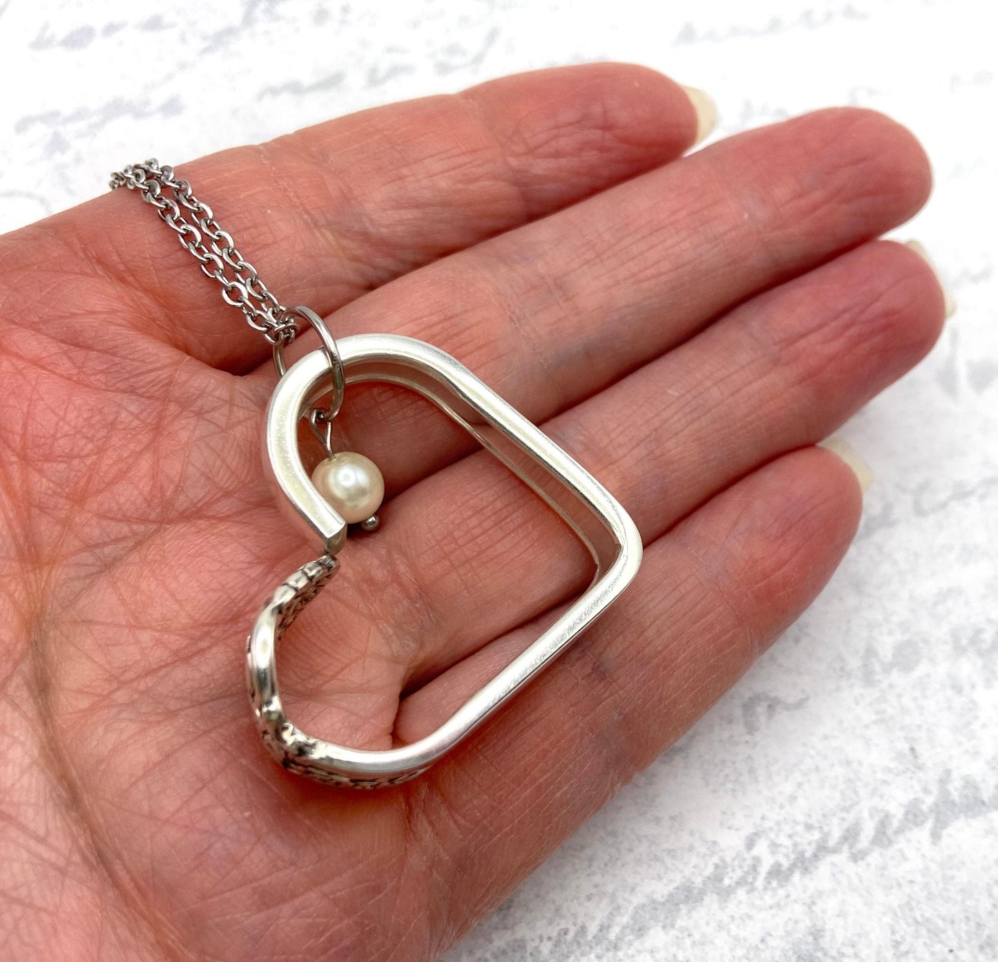 Heart Silverware Necklace, Vintage 1951 Distinction Spoon Jewelry, Valentine’s Day Gift, Glass Pearl Embellishment