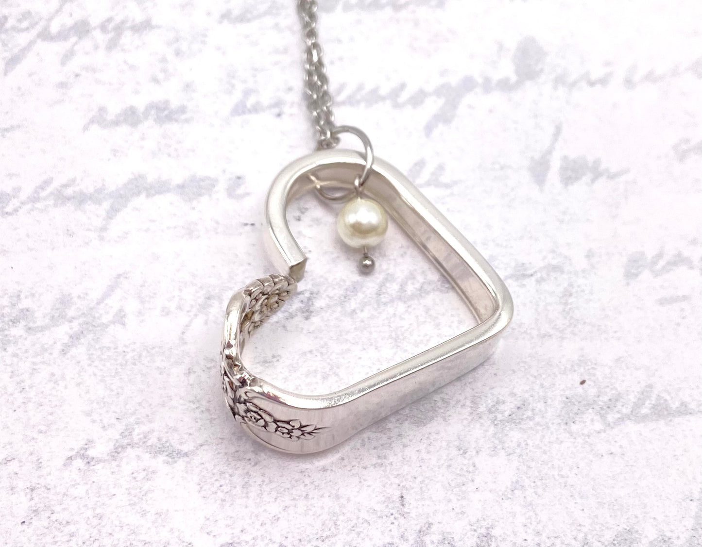 Heart Silverware Necklace, Vintage 1951 Distinction Spoon Jewelry, Valentine’s Day Gift, Glass Pearl Embellishment