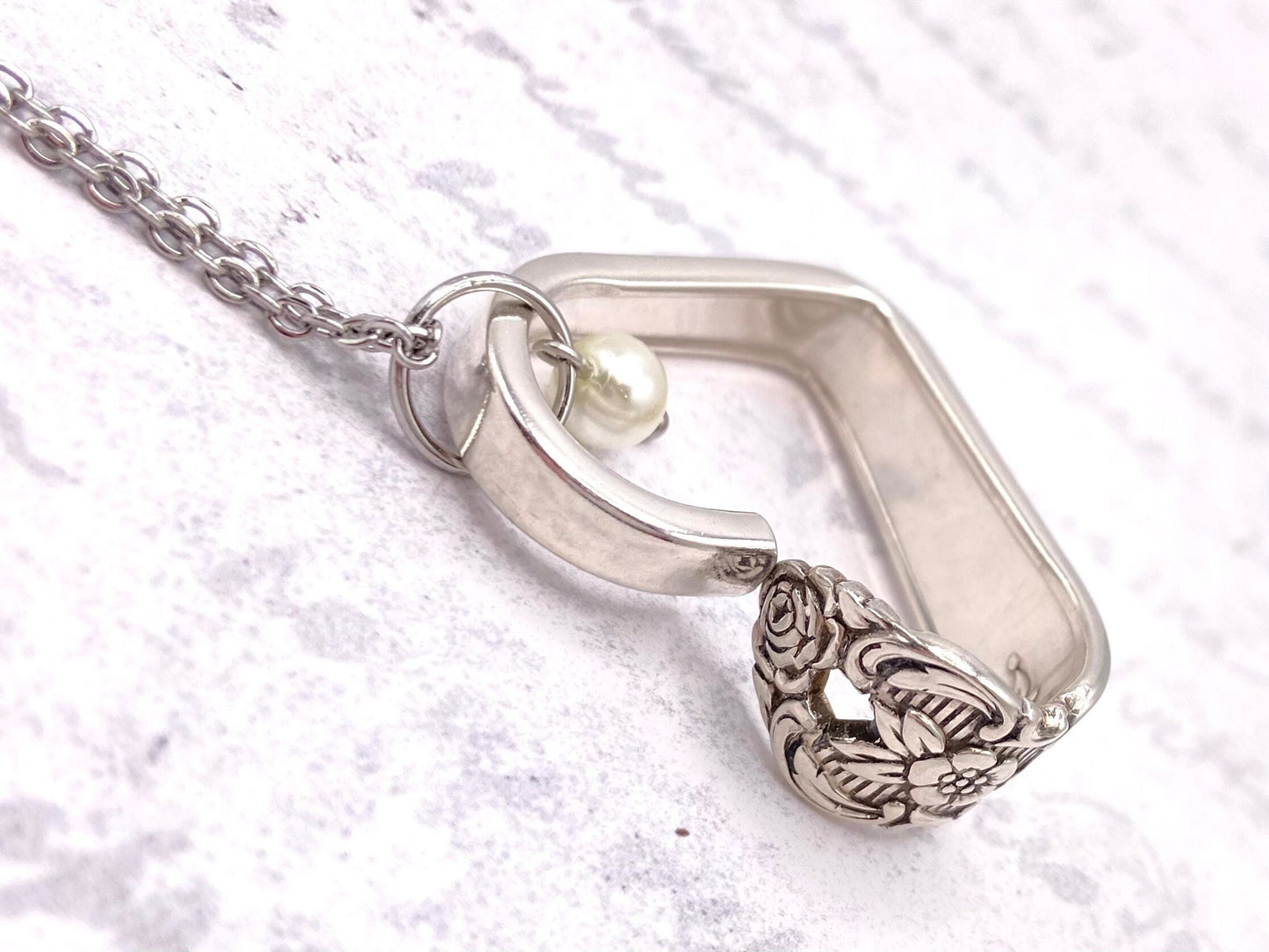 Heart Silverware Necklace, Vintage 1951 Distinction Spoon Jewelry, Valentine’s Day Gift, Glass Pearl Embellishment