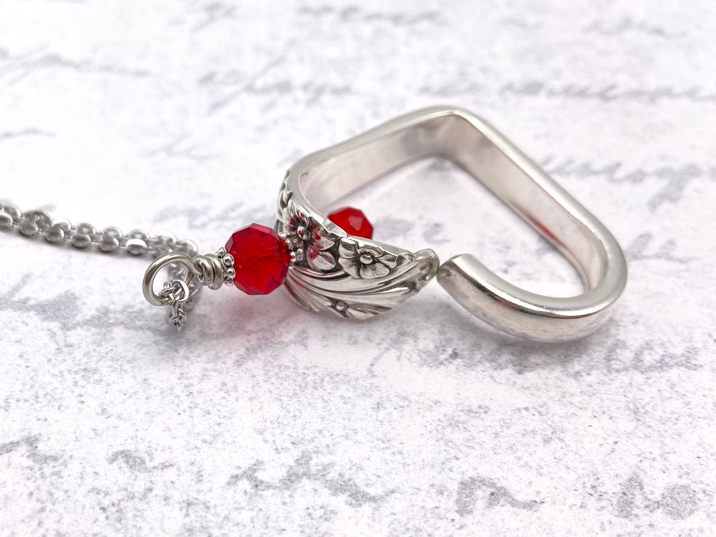 Heart Silverware Necklace, Evening Star 1950 Vintage Spoon Jewelry, Valentines Gift, Red Crystal Embellishment