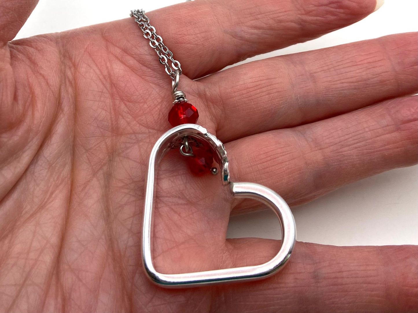 Heart Silverware Necklace, Evening Star 1950 Vintage Spoon Jewelry, Valentines Gift, Red Crystal Embellishment