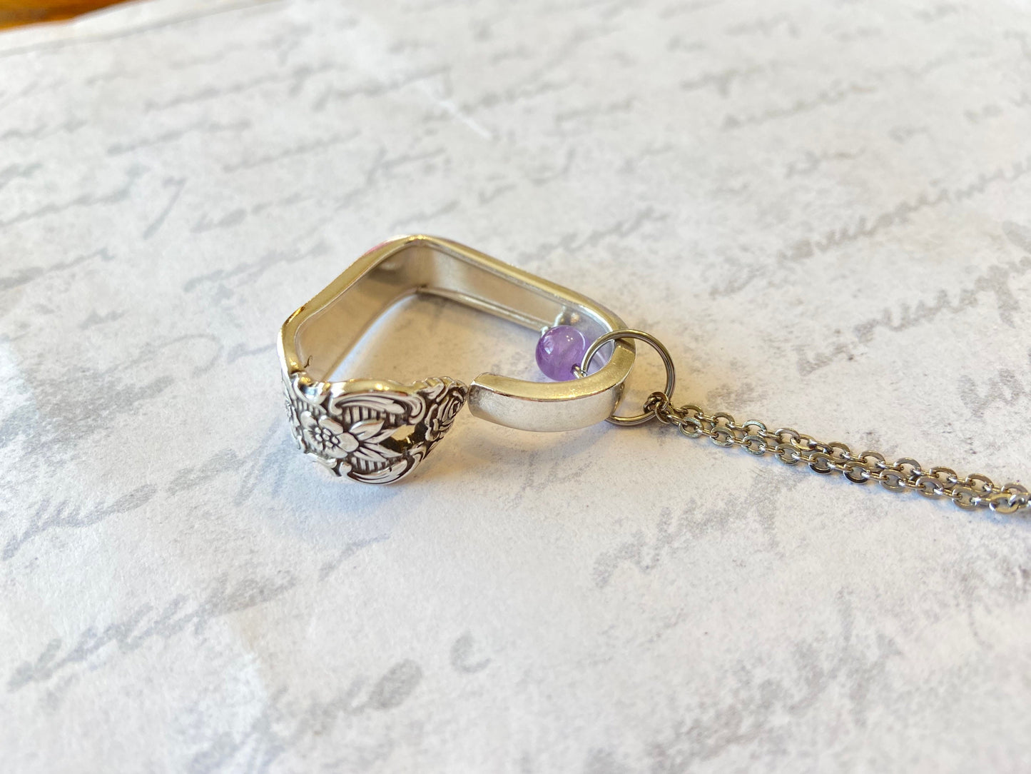 Heart Silverware Necklace, Vintage 1951 Distinction Spoon Jewelry, Valentine’s Day Gift, Purple Stone Embellishment