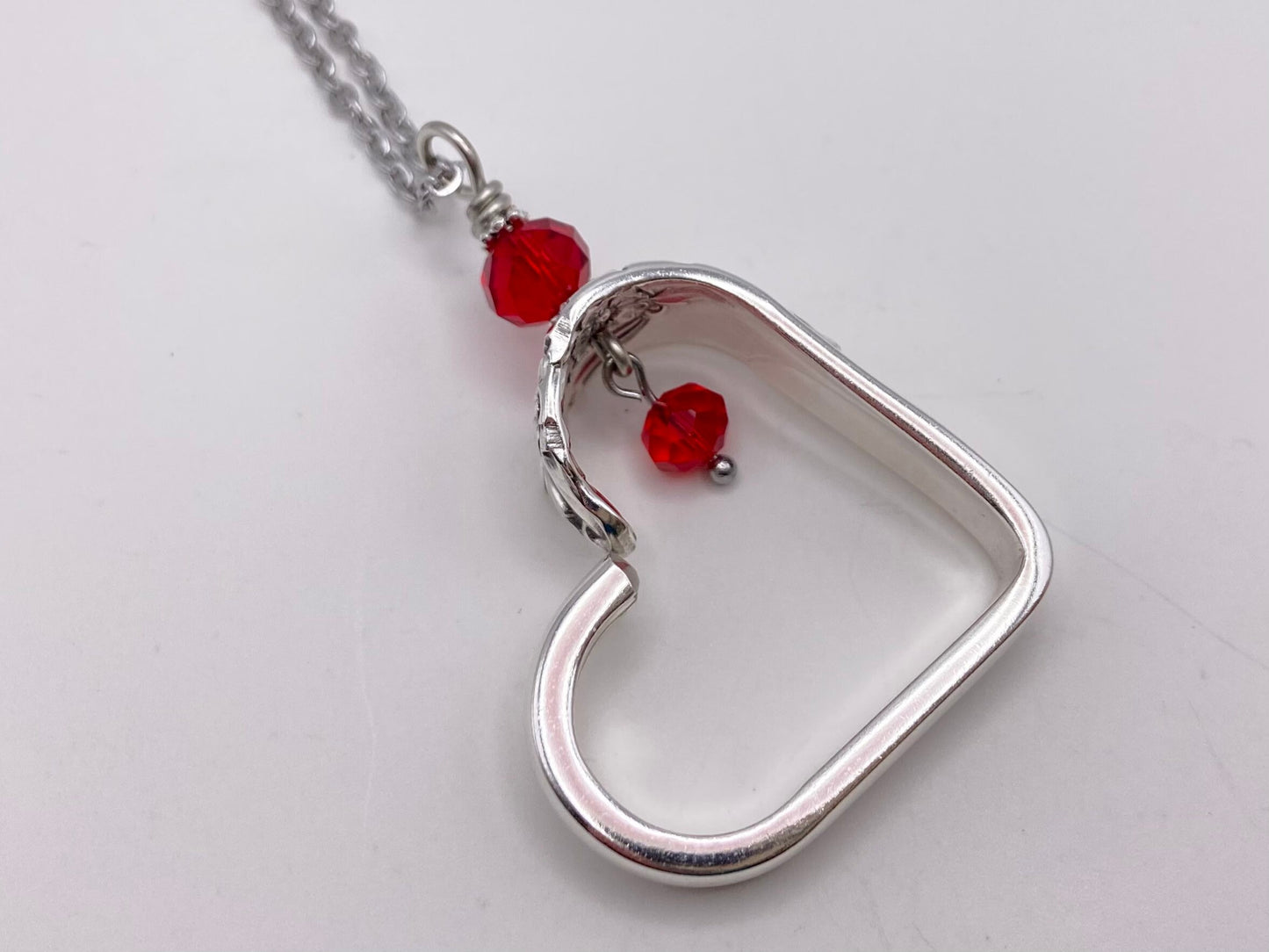 Heart Silverware Necklace, Evening Star 1950 Vintage Spoon Jewelry, Valentines Gift, Red Crystal Embellishment