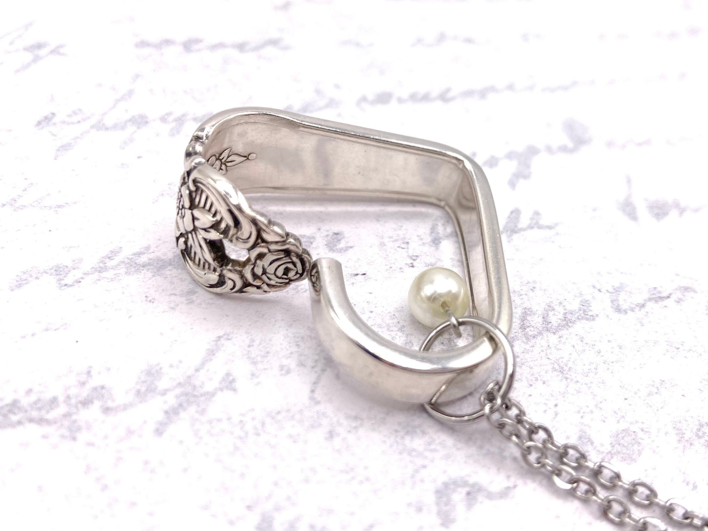 Heart Silverware Necklace, Vintage 1951 Distinction Spoon Jewelry, Valentine’s Day Gift, Glass Pearl Embellishment